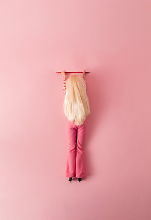 Young girl doll hangs from an opening in pastel pink wall. Minimalist concept of survival.の写真素材