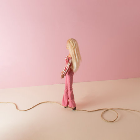 Young girl doll walking on string path on pastel background. Lifestyle concept.の写真素材