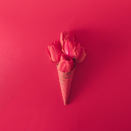 Ice cream cone with tulip flowers. Minimal spring concept. Flat lay. Monochromatic red.の写真素材