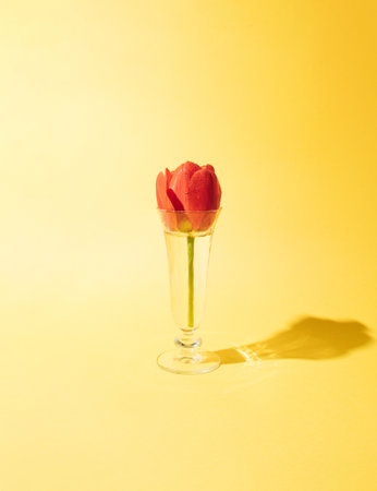 Tulip flower in a glass to yellow background. Minimal concept.の写真素材