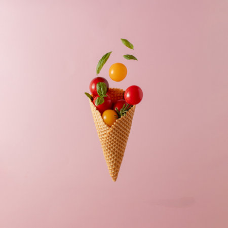 Cherry tomatoes and spices in a ice cream cone. Minimal food concept. Close up. Copy space.の写真素材