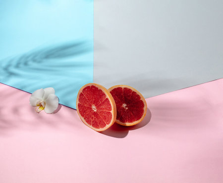 Grapefruit scene with leaf shadows. Minimal nature seasonal concept. Close upの写真素材