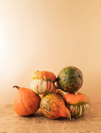 Creative pumpkin arrangement. Minimal seasonal food concept for Thanksgiving. Copy space