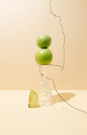 Creative arrangement of green apples and glasses. Healthy concept. Close upの写真素材