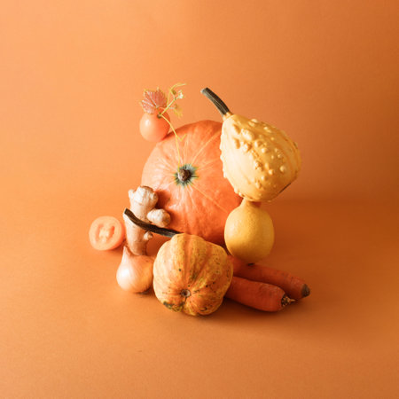 Still life of freshly picked home grown natural vegetables and fruits in orange color - pumpkin, carrot on same color background, copy space. Vegetarian healthy food.の写真素材