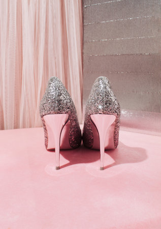 Fashionable high-heeled shoes that sparkle in the light, from behind. Creative entertainment conceptの写真素材