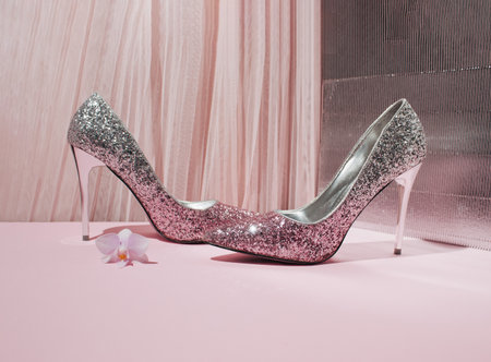 Fashionable high-heeled shoes that sparkle in the light, from the side with orchid flower. Creative entertainment conceptの写真素材