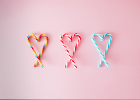 Heart shape made of Christmas candys. Creative concept of Christmas and Valentine's Day. Flat lay.の写真素材