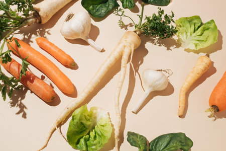 Close-up of fresh vegetables parsnip, carrot, garlic. spinach, parsley. Concept of healthy eating
