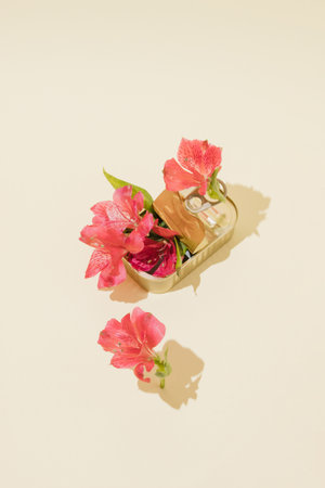 Still life of a golden can full of fresh pink flowers, on a pastel background. Concept of environmental protection.の写真素材