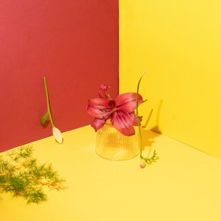 Still life with red lily flower on red and pastel yellow background. Minimal composition with copy...