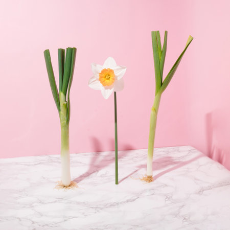Spring onion, garlic and flower standing on a kitchen table on pastel pink and marble background. Still lifeの写真素材