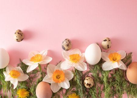 Creative arrangement made of spring flowers, eggs, radishes and dill on pastel pink base. Minimal easter concept. Flat lay.の写真素材