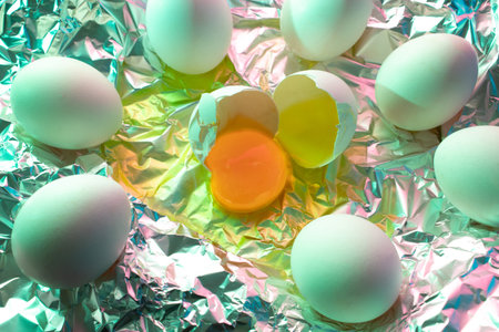 White fresh egg with colorful ultraviolet holographic neon lights. Creative concept.の写真素材