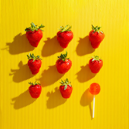 Strawberries pattern against yellow background with one lollipop. Minimal summer fruit concept.の写真素材