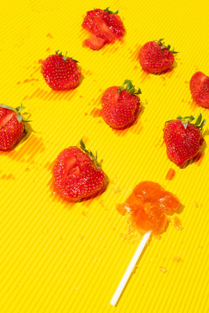 Crushed strawberries and lollipop pattern against yellow background with. Minimal summer fruit sweet juicy concept.の写真素材