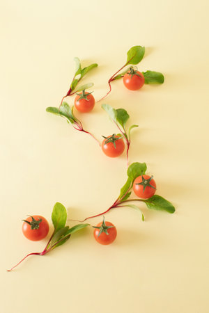 Creative pattern of cherry tomatoes and baby beets arranged on a pastel yellow backgroundの写真素材