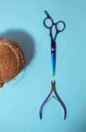 Coconut and scissors on a blue background in the sunlight. Creative still lifeの写真素材