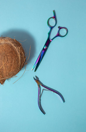 Coconut and scissors on a blue background in the sunlight. Creative still lifeの写真素材