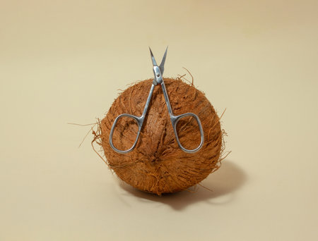 Scissors creatively placed on coconut. Minimal concept ideaの写真素材