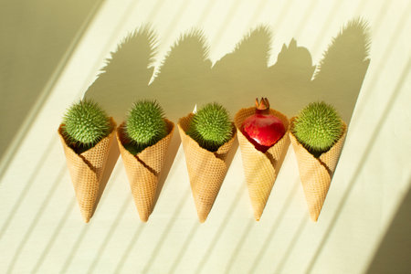 Pomegranate in a ice cream cone on sunlight. Minimalism flat layの写真素材