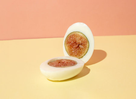 Two halves of a boiled egg made of egg whites and figs. Flat lay