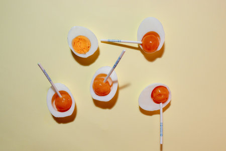 Egg made from boiled egg whites and orange lollipops. Flat layの写真素材