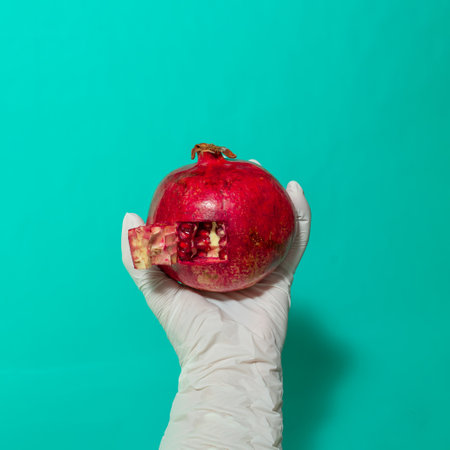 Hand with a hygienic white glove holds a pomegranate on pastel blue background.の写真素材