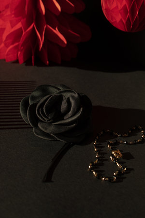 Creative composition of red paper decoration and black fashion details and accessoriesの写真素材
