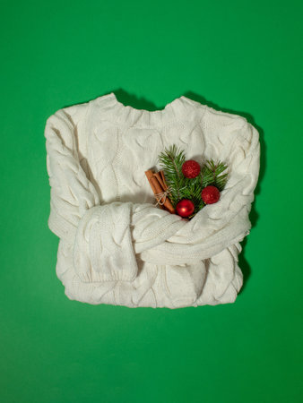 White winter sweater holding colorful socks and Christmas decorations on a green backgroundの写真素材