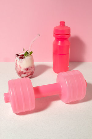 Fruit yogurt with raspberries and mentha in glass, pink dumbbell and bottle of the water. Concept of healthy lifeの写真素材