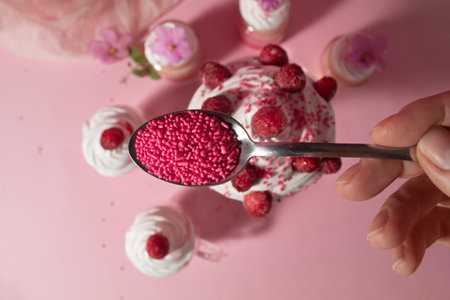 Hand holding a teaspoon with pink sweet sprinkles crumbs. Decoration of the food