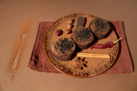 Brownies with cocoa powder and chocolate sprinkles and spices on brown plateの写真素材