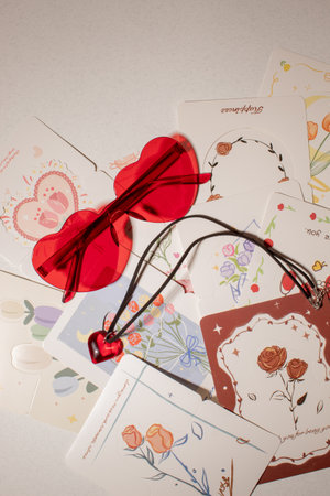 Heart-shaped sunglasses, necklace and cards on a light background. Flat lay, top view. Fashion concept for Valentine's Dayの写真素材