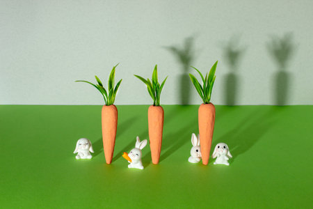 Carrots with little white bunnies on gray and green background. Minimal Easter concept. Spring minimal composition.の写真素材