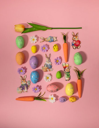 Easter pattern squer shape made of colorful flowers, eggs, bunnies and carrots. Minimal holiday...
