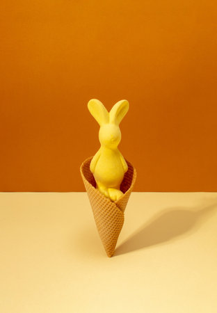 Yellow decorative Easter bunny in ice cream cone on brown background. Minimal art Easter fantasy concept.の写真素材