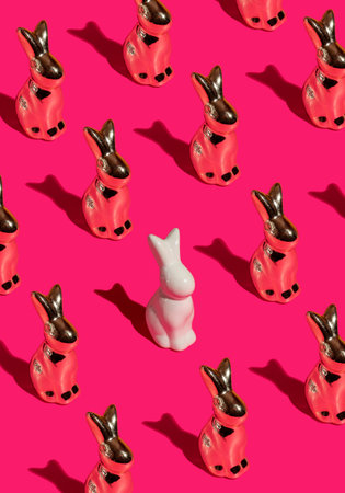 Pattern composition of Easter bunnies on hot pink background. Minimalist isometric concept.
