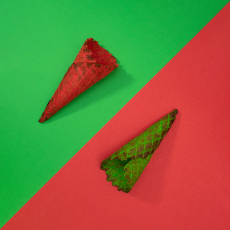 Ice cream cones with red and green vibrant color background. Minimal summer food concept. Flat lay.の写真素材