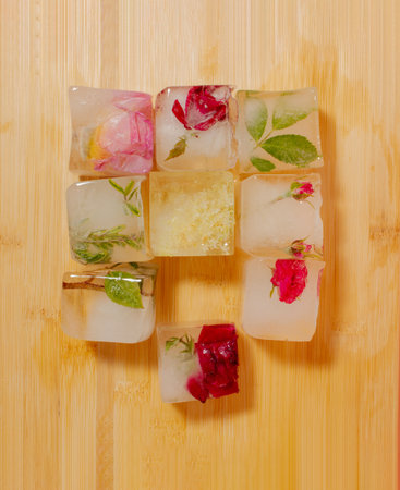 Creative arrangement of colorful flowers in ice cubes on wooden background. Sunny day concept.の写真素材