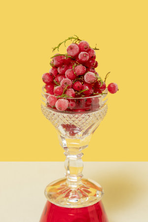 Red currants in a glass on a yellow background. Vibrant food photography. Still lifeの写真素材