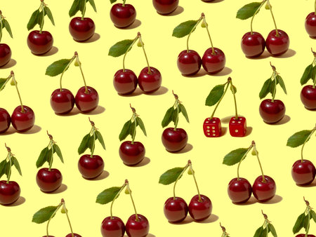 Pattern made of cherries fruit and red gambling dice.の写真素材