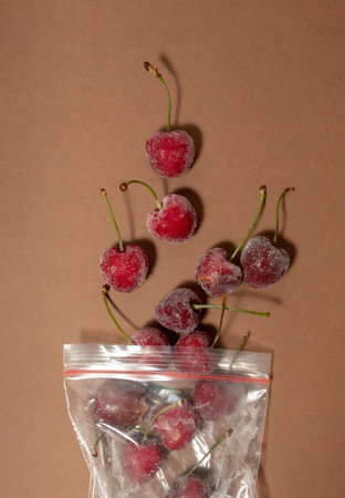 Frozen cherries in plastic transparent bag, on brown background. Still life, Flat layの写真素材