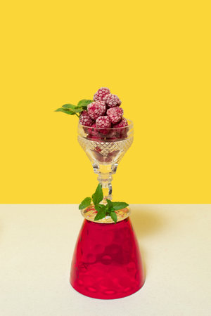 Frozen raspberry fruit with mint in a glass. Still lifeの写真素材