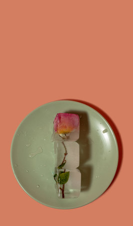 Creative arrangement of pink flower in ice cubes on the plate. Sunny day concept. Copy spaceの写真素材