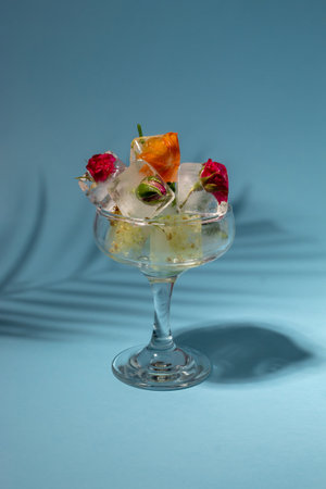 Colorful flowers in ice cubes in the glass on pastel blue background. Sunny day concept.の写真素材