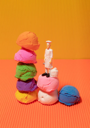 Multicolored ice cream scoops and chef toy on yellow and orange background. Vibrant colorsの写真素材