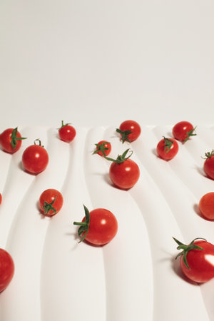 Cherry tomatoes creatively arranged on a white background.の写真素材
