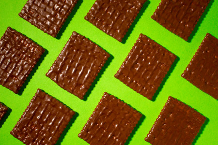Diagonally arranged chocolate biscuit on a green background.の写真素材