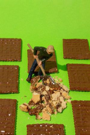 Miniature man makes a chocolate biscuit with a shovel on green background.の写真素材